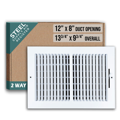 12"x8" 2-Way White Steel Air Supply Diffuser, Directional Register Vent Cover for Sidewall Or Ceiling