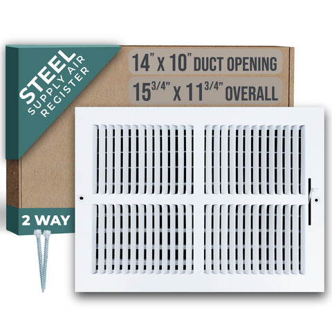 14"x10" 2-Way White Steel Air Supply Diffuser, Directional Register Vent Cover for Sidewall Or Ceiling