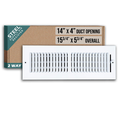 14"x4" 2-Way White Steel Air Supply Diffuser, Directional Register Vent Cover for Sidewall Or Ceiling