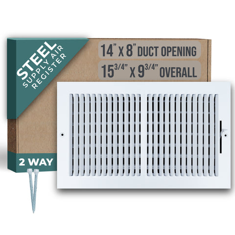 14"x8" 2-Way White Steel Air Supply Diffuser, Directional Register Vent Cover for Sidewall Or Ceiling