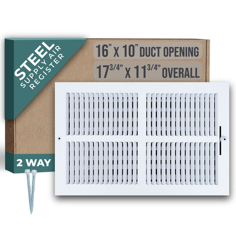 16"x10" 2-Way White Steel Air Supply Diffuser, Directional Register Vent Cover for Sidewall Or Ceiling