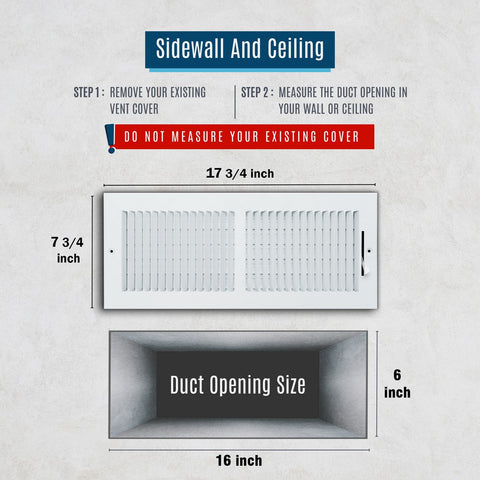 16"x6" 2-Way White Steel Air Supply Diffuser, Directional Register Vent Cover for Sidewall Or Ceiling