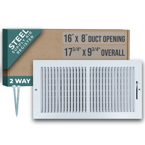16"x8" 2-Way White Steel Air Supply Diffuser, Directional Register Vent Cover for Sidewall Or Ceiling