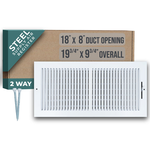 18"x8" 2-Way White Steel Air Supply Diffuser, Directional Register Vent Cover for Sidewall Or Ceiling