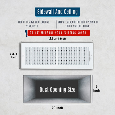 20"x6" 2-Way White Steel Air Supply Diffuser, Directional Register Vent Cover for Sidewall Or Ceiling