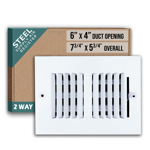 6"x4" 2-Way White Steel Air Supply Diffuser, Directional Register Vent Cover for Sidewall Or Ceiling