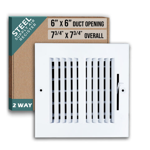 6"x6" 2-Way White Steel Air Supply Diffuser, Directional Register Vent Cover for Sidewall Or Ceiling