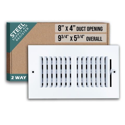 8"x4" 2-Way White Steel Air Supply Diffuser, Directional Register Vent Cover for Sidewall Or Ceiling