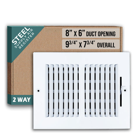 8"x6" 2-Way White Steel Air Supply Diffuser, Directional Register Vent Cover for Sidewall Or Ceiling
