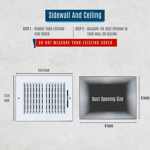 8"x6" 2-Way White Steel Air Supply Diffuser, Directional Register Vent Cover for Sidewall Or Ceiling