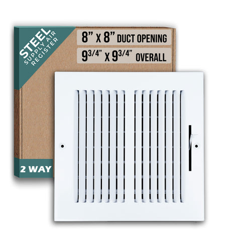8"x8" 2-Way White Steel Air Supply Diffuser, Directional Register Vent Cover for Sidewall Or Ceiling