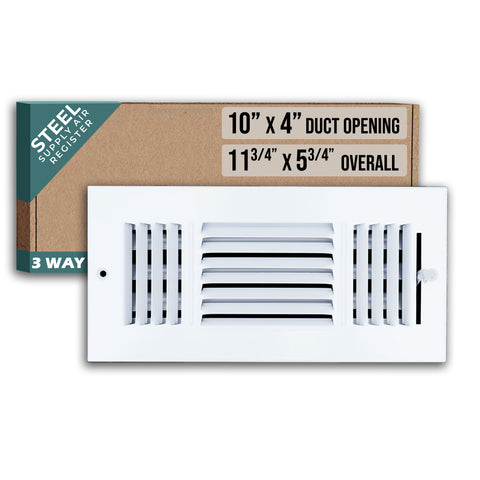 10"x4" 3-Way White Steel Air Supply Diffuser, Directional Register Vent Cover for Sidewall Or Ceiling