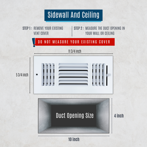 10"x4" 3-Way White Steel Air Supply Diffuser, Directional Register Vent Cover for Sidewall Or Ceiling