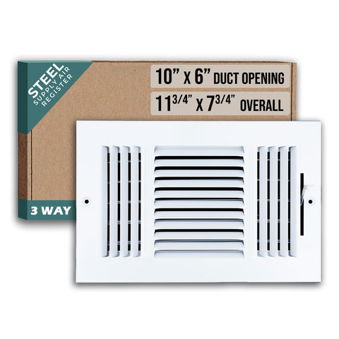 10"x6" 3-Way White Steel Air Supply Diffuser, Directional Register Vent Cover for Sidewall Or Ceiling