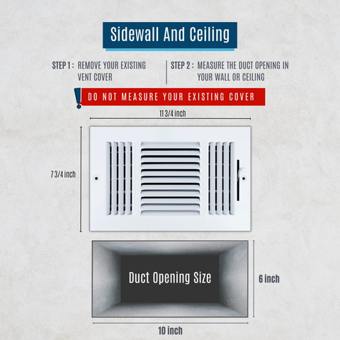 10"x6" 3-Way White Steel Air Supply Diffuser, Directional Register Vent Cover for Sidewall Or Ceiling