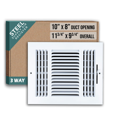 10"x8" 3-Way White Steel Air Supply Diffuser, Directional Register Vent Cover for Sidewall Or Ceiling
