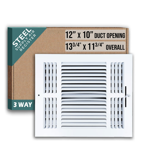 12"x10" 3-Way White Steel Air Supply Diffuser, Directional Register Vent Cover for Sidewall Or Ceiling