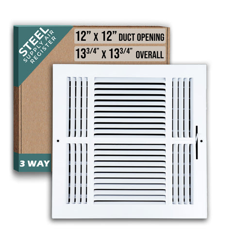 12"x12" 3-Way White Steel Air Supply Diffuser, Directional Register Vent Cover for Sidewall Or Ceiling