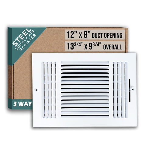 12"x8" 3-Way White Steel Air Supply Diffuser, Directional Register Vent Cover for Sidewall Or Ceiling