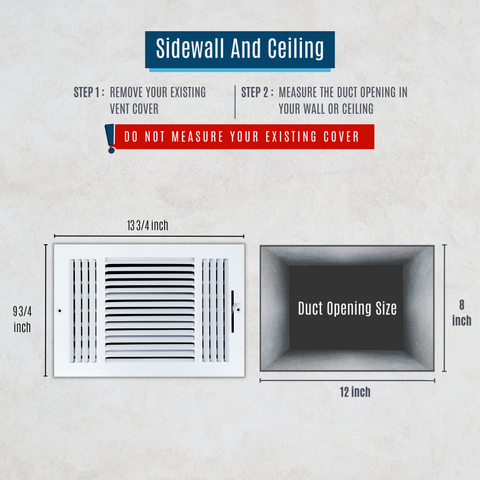 12"x8" 3-Way White Steel Air Supply Diffuser, Directional Register Vent Cover for Sidewall Or Ceiling