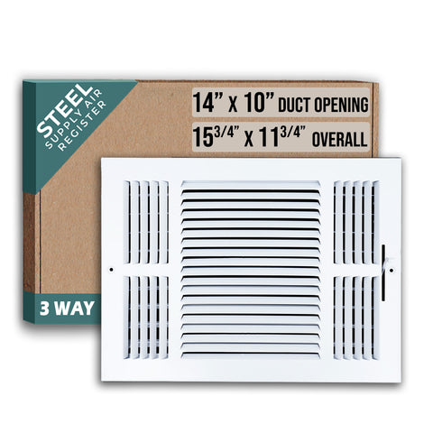 14"x10" 3-Way White Steel Air Supply Diffuser, Directional Register Vent Cover for Sidewall Or Ceiling