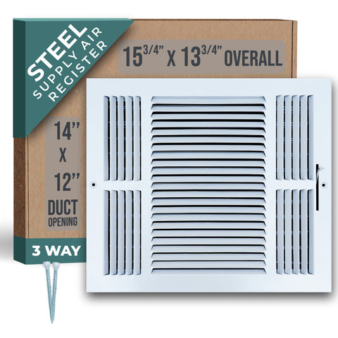 14"x12" 3-Way White Steel Air Supply Diffuser, Directional Register Vent Cover for Sidewall Or Ceiling