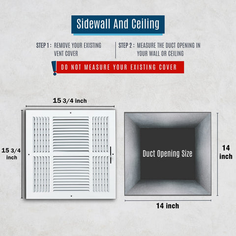 14"x14" 3-Way White Steel Air Supply Diffuser, Directional Register Vent Cover for Sidewall Or Ceiling