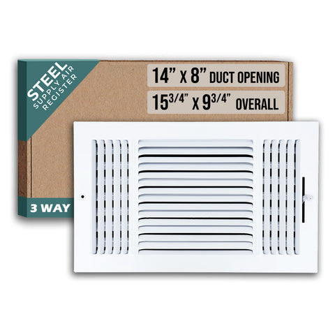 14"x8" 3-Way White Steel Air Supply Diffuser, Directional Register Vent Cover for Sidewall Or Ceiling