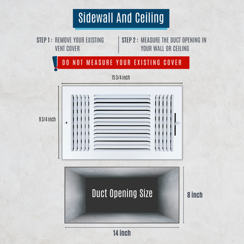14"x8" 3-Way White Steel Air Supply Diffuser, Directional Register Vent Cover for Sidewall Or Ceiling
