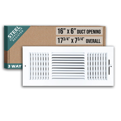 16"x6" 3-Way White Steel Air Supply Diffuser, Directional Register Vent Cover for Sidewall Or Ceiling