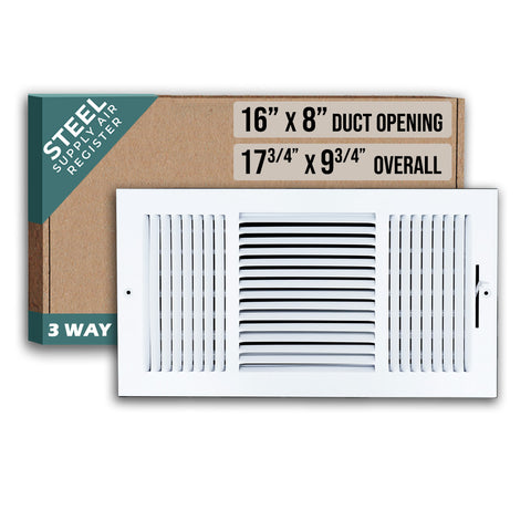 16"x8" 3-Way White Steel Air Supply Diffuser, Directional Register Vent Cover for Sidewall Or Ceiling