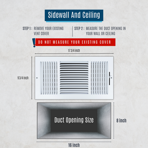 16"x8" 3-Way White Steel Air Supply Diffuser, Directional Register Vent Cover for Sidewall Or Ceiling