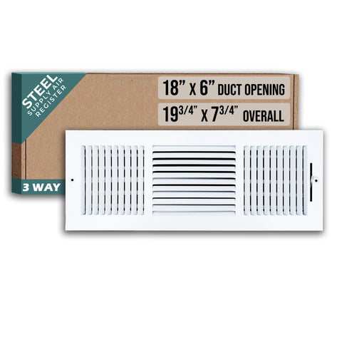 18"x6" 3-Way White Steel Air Supply Diffuser, Directional Register Vent Cover for Sidewall Or Ceiling