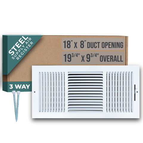 18"x8" 3-Way White Steel Air Supply Diffuser, Directional Register Vent Cover for Sidewall Or Ceiling