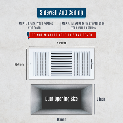 18"x8" 3-Way White Steel Air Supply Diffuser, Directional Register Vent Cover for Sidewall Or Ceiling