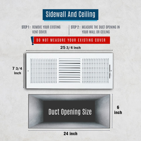 24"x6" 3-Way White Steel Air Supply Diffuser, Directional Register Vent Cover for Sidewall Or Ceiling