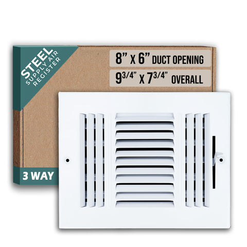 8"x6" 3-Way White Steel Air Supply Diffuser, Directional Register Vent Cover for Sidewall Or Ceiling