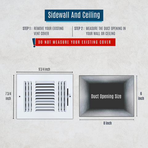 8"x6" 3-Way White Steel Air Supply Diffuser, Directional Register Vent Cover for Sidewall Or Ceiling