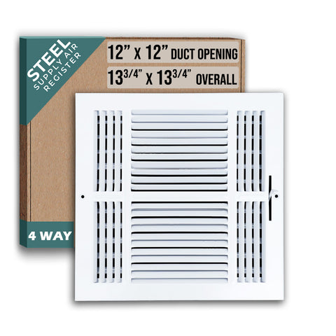 12"x12" 4-Way White Steel Air Supply Diffuser, Directional Register Vent Cover for Sidewall Or Ceiling