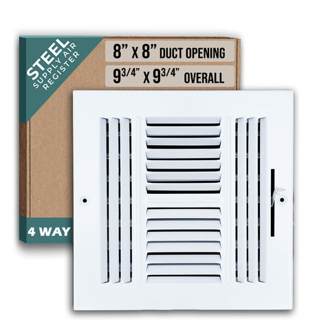 8"x8" 4-Way White Steel Air Supply Diffuser, Directional Register Vent Cover for Sidewall Or Ceiling