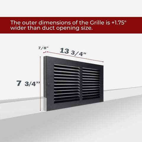 12"x6" Black Steel Baseboard Return Air Grille, 7/8" Turnback Depth