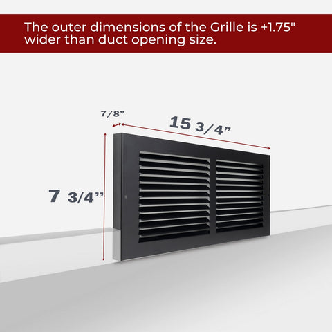 14"x6" Black Steel Baseboard Return Air Grille, 7/8" Turnback Depth