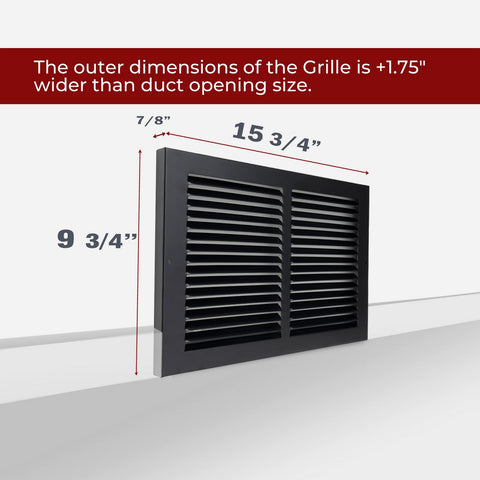 14"x8" Black Steel Baseboard Return Air Grille, 7/8" Turnback Depth
