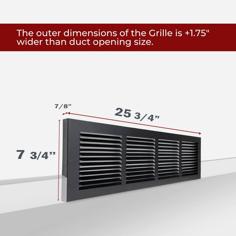 24"x6" Black Steel Baseboard Return Air Grille, 7/8" Turnback Depth