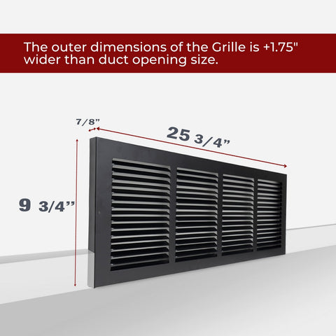 24"x8" Black Steel Baseboard Return Air Grille, 7/8" Turnback Depth