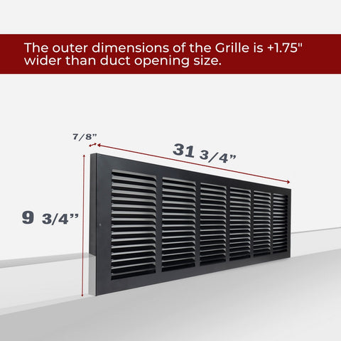 30"x8" Black Steel Baseboard Return Air Grille, 7/8" Turnback Depth
