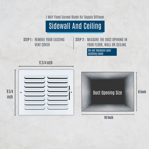 10"x8" 1-Way White Steel Fixed Curved Blade Air Supply Diffuser, Directional Register Vent Cover for Sidewall Or Ceiling