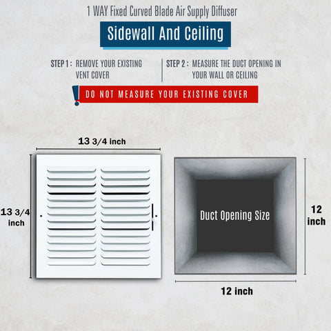 12"x12" 1-Way White Steel Fixed Curved Blade Air Supply Diffuser, Directional Register Vent Cover for Sidewall Or Ceiling