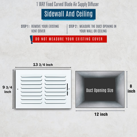 12"x8" 1-Way White Steel Fixed Curved Blade Air Supply Diffuser, Directional Register Vent Cover for Sidewall Or Ceiling