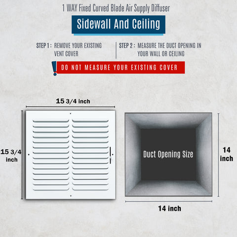 14"x14" 1-Way White Steel Fixed Curved Blade Air Supply Diffuser, Directional Register Vent Cover for Sidewall Or Ceiling